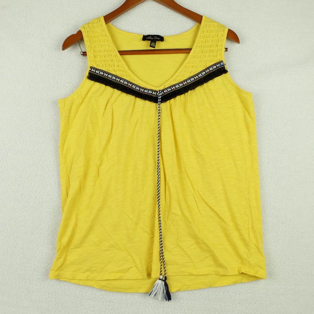 Melissa Paige Womens Shirt Top Mediujm Yellow Beaded Traditional Tasselled Retro